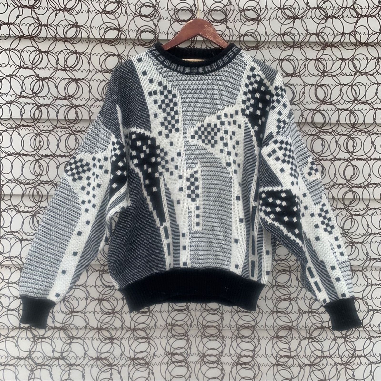 Vintage London Fog Black White Aspens Abstract Geometric Sweater Wool Large